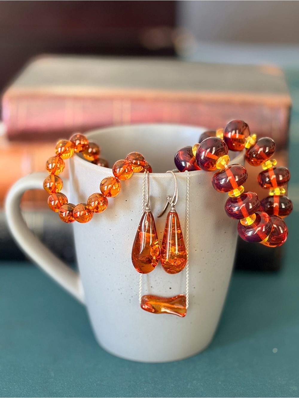 Amber Glass Teardrop Earrings & Bracelets Set in Sterling silver